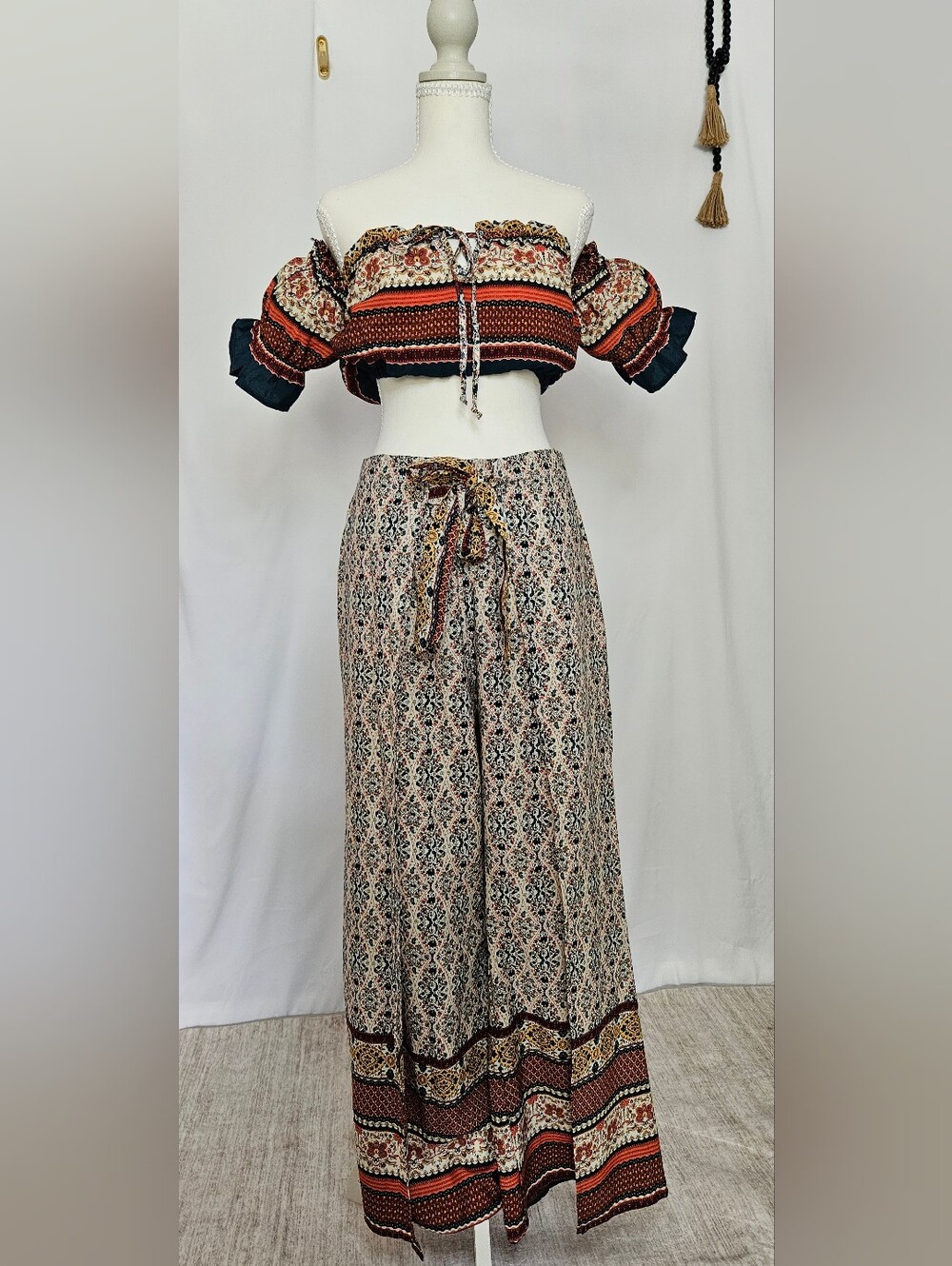 Boho 2 Piece Set Off Shoulder Crop Top Palazzo Pants S/M